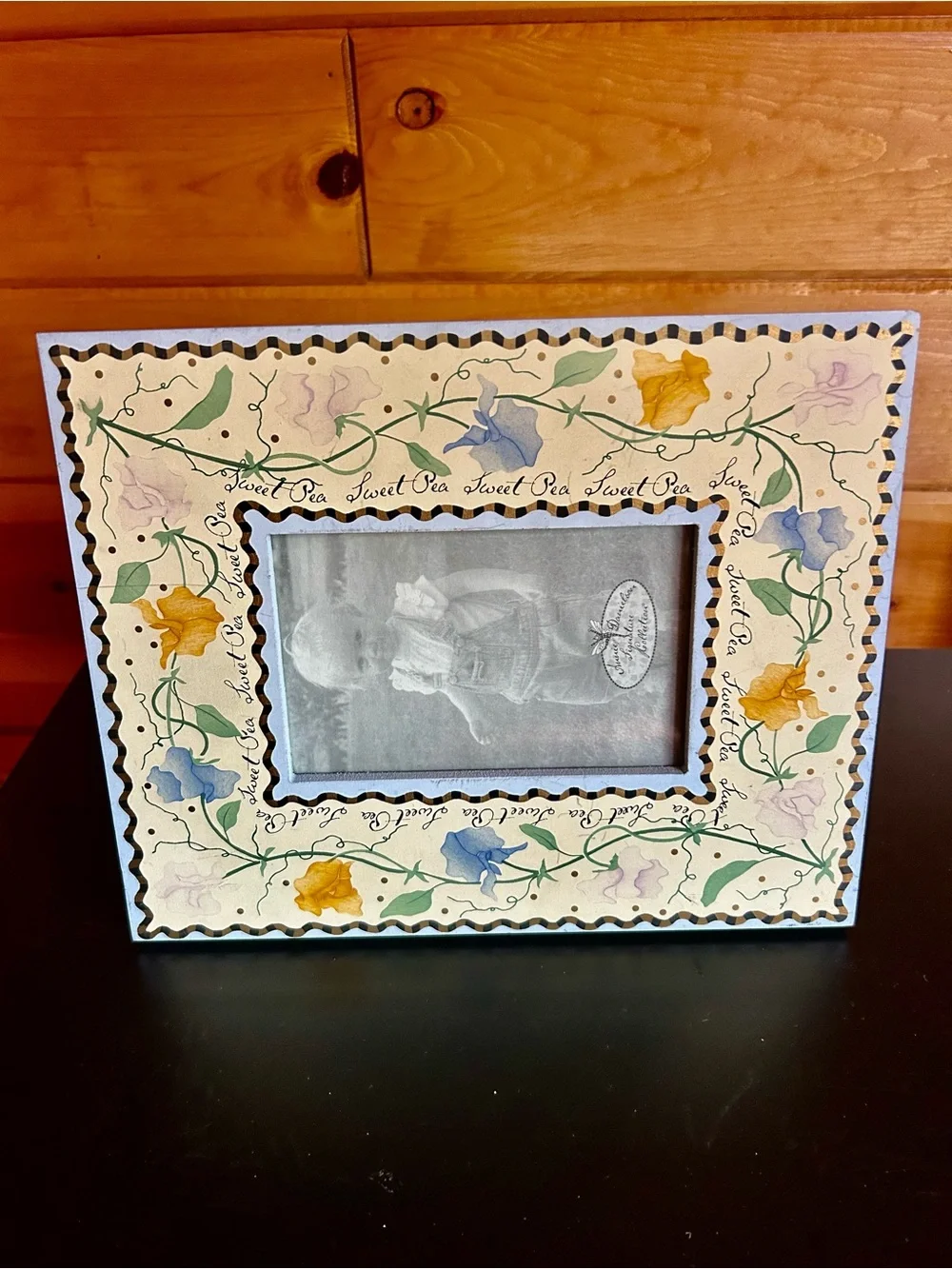 Hand-Painted Wood Sweet Pea  Picture Frame - Cream with Blue & Yellow Accents